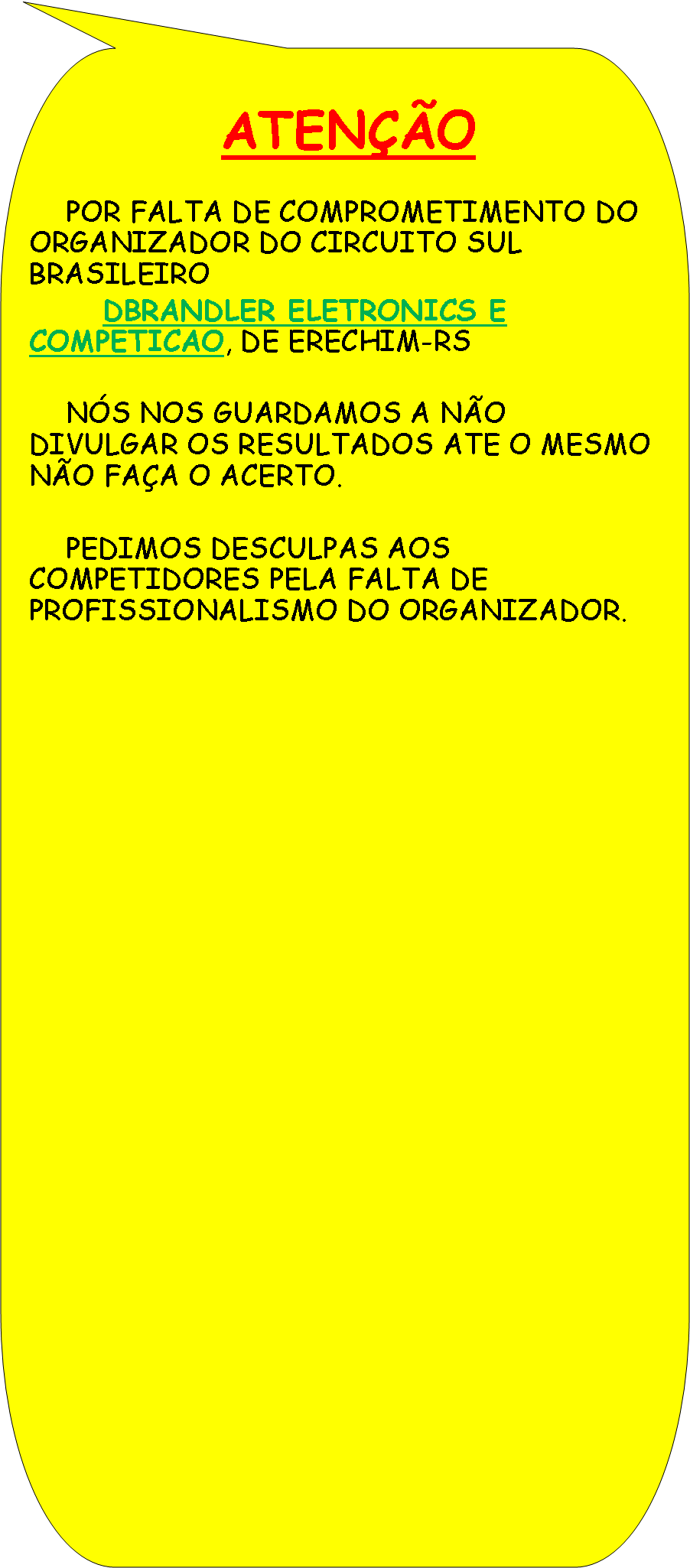 Texto explicativo retangular com cantos arredondados: 				                     ATEN��O	POR FALTA DE COMPROMETIMENTO DO ORGANIZADOR DO CIRCUITO SUL BRASILEIRO		DBRANDLER ELETRONICS E COMPETICAO, DE ERECHIM-RS	N�S NOS GUARDAMOS A N�O DIVULGAR OS RESULTADOS ATE O MESMO N�O FA�A O ACERTO.	PEDIMOS DESCULPAS AOS COMPETIDORES PELA FALTA DE PROFISSIONALISMO DO ORGANIZADOR.